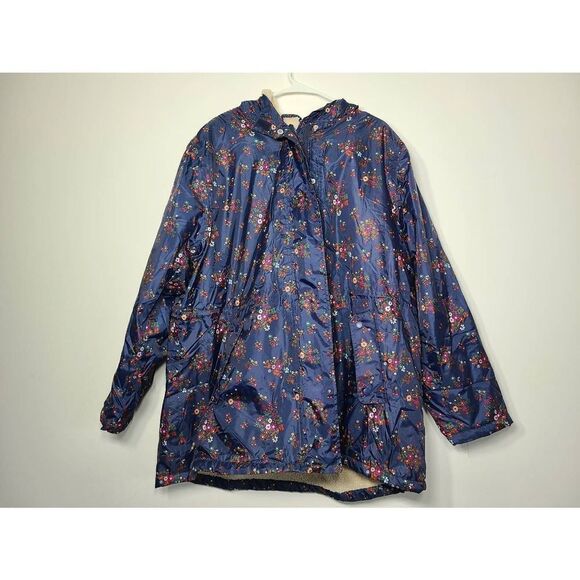 Cotton Trader Navy Floral Fleece lined Rain jacket US 22 UK 26 XXL - Picture 1 of 9